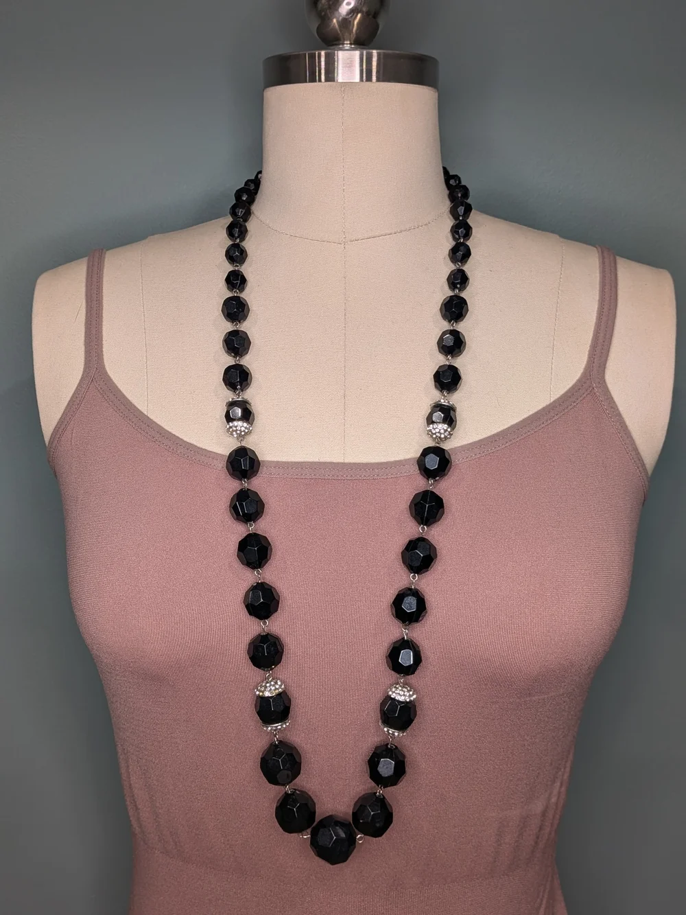 Long Faceted Black Bead Necklace Rhinestone Pave Accent Opera Length